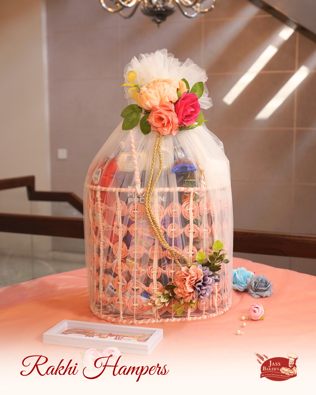 Floral Peach Cage Basket Rakhi Hamper