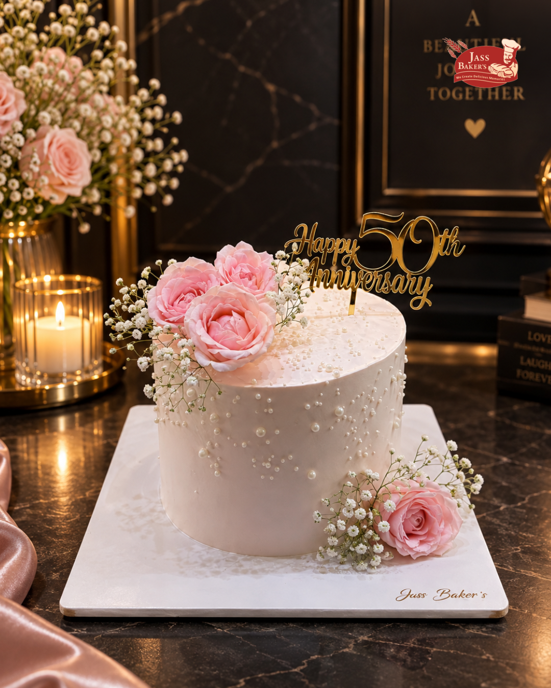 Golden 50th Anniversary Pearl Floral Cake