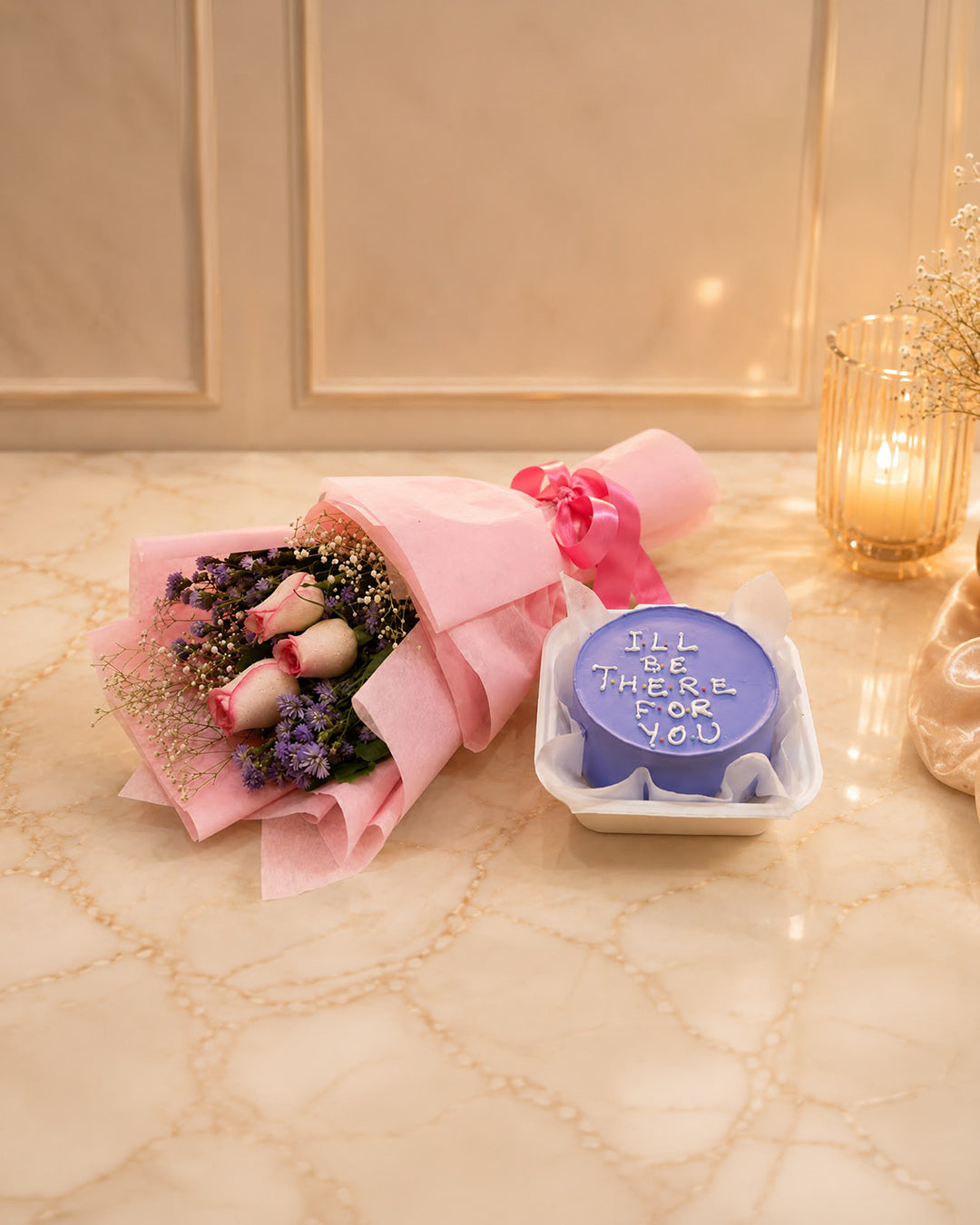 Forever Friends Blue Bento Cake & Floral Bouquet Combo