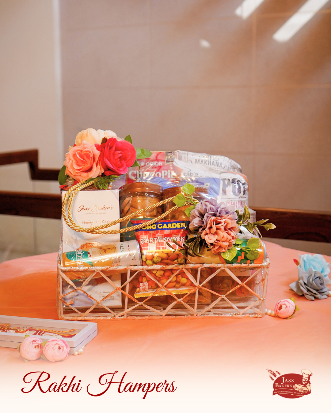 Golden Rope Handle Basket Rakhi Hamper