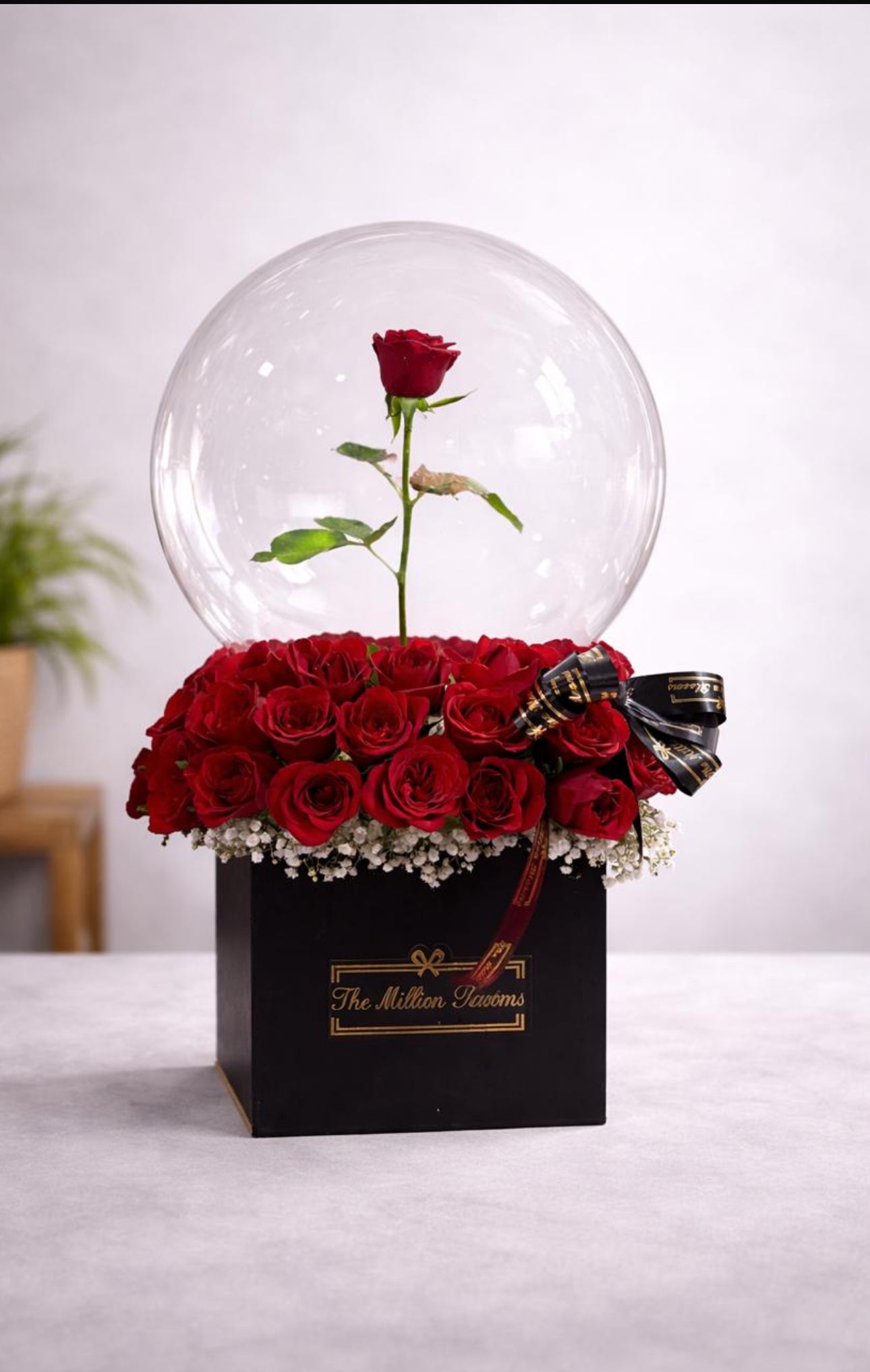 Black Box Gift With Red Roses & Balloon