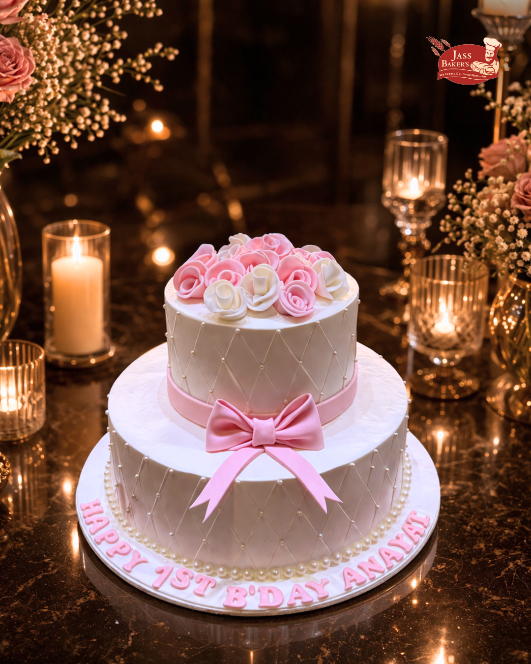 Elegant Pink Bow Two-Tier Celebration Cake