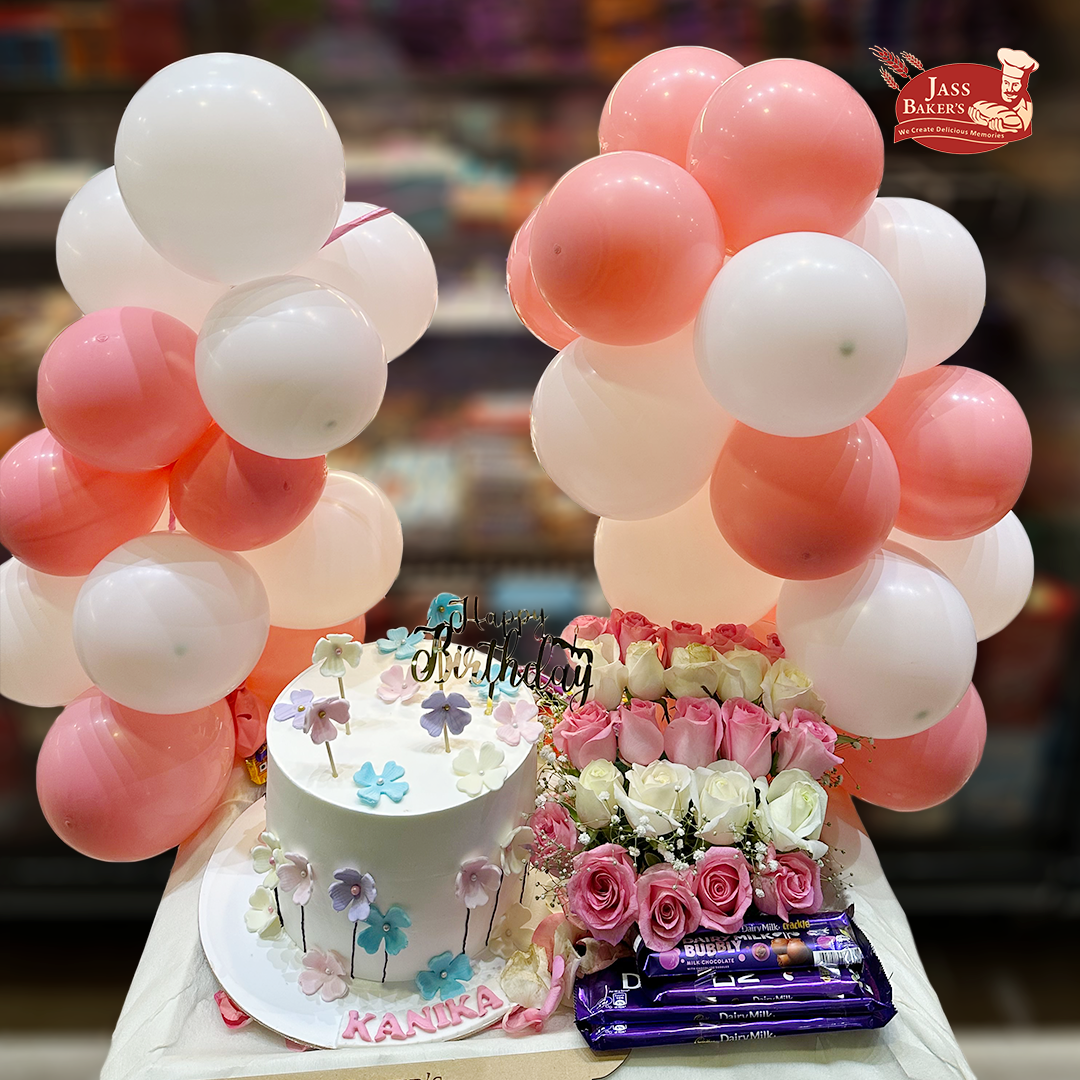 Flower Fantasy Cake with Ballons and Bouquet